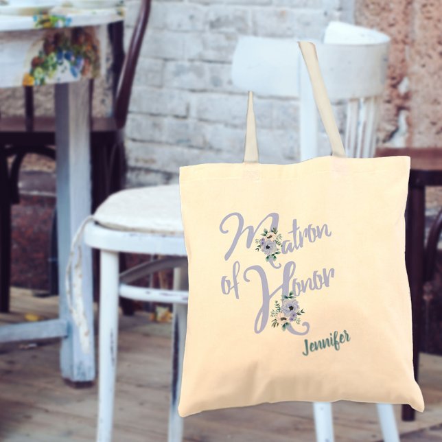 Floral Letter Dusty Blue Custom Matron of Honor Tote Bag (Creator Uploaded)