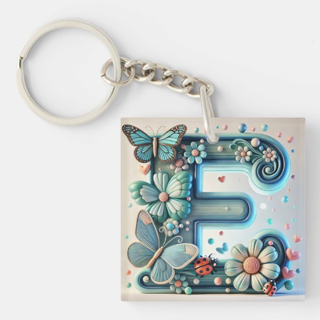 🦋 Floral Letter E Butterfly Accent 🌸 Keychain (Front)