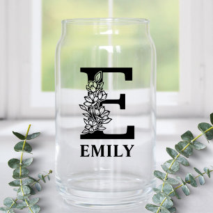 Floral Letter E Monogram and Personalized Name Can Glass