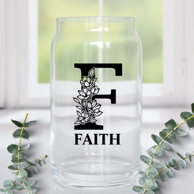 Floral Letter F Monogram and Personalized Name Can Glass (Creator Uploaded)