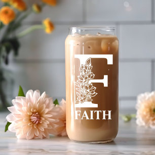 Floral Letter F Monogram Personalized Name White Can Glass