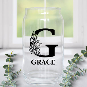 Floral Letter G Monogram and Personalized Name Can Glass
