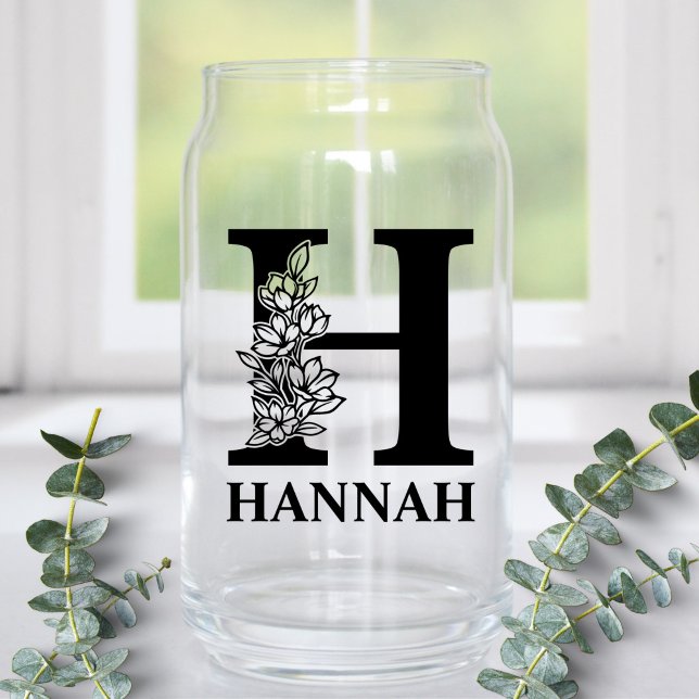 Floral Letter H Monogram and Personalized Name Can Glass (Creator Uploaded)