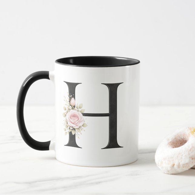 Floral Letter H Monogram | Elegant Initial H Logo Mug (With Donut)