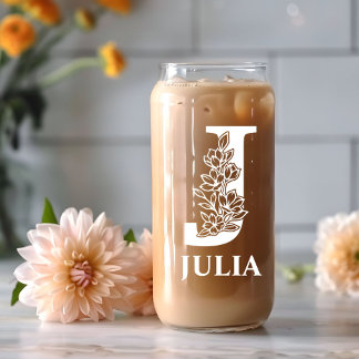 Floral Letter J Monogram Personalized Name White Can Glass