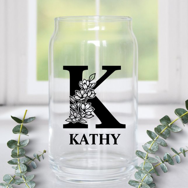 Floral Letter K Monogram and Personalized Name Can Glass (Creator Uploaded)