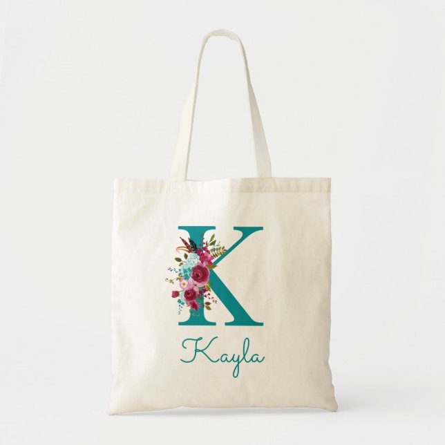 Floral Letter K Script Monogram Teal Pink Tote Bag (Front)