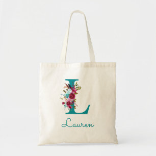 Floral Letter L Script Monogram Teal Pink Tote Bag