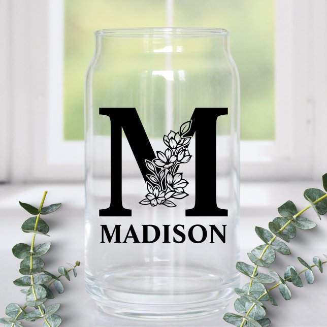 Floral Letter M Monogram and Personalized Name Can Glass (Creator Uploaded)