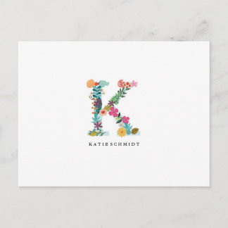 Floral Letter Monogram Initial - K - Flat Card