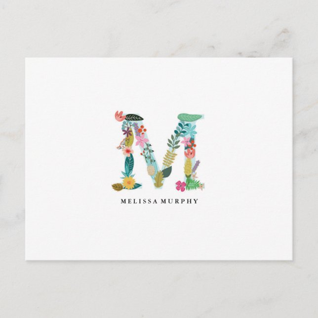 Floral Letter Monogram Initial - M - Flat Card (Front)