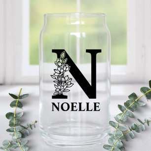 Floral Letter N Monogram and Personalized Name Can Glass