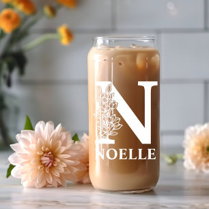 Floral Letter N Monogram Personalized Name White Can Glass