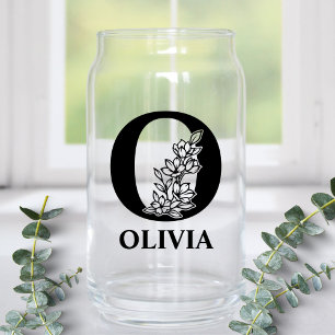 Floral Letter O Monogram and Personalized Name Can Glass