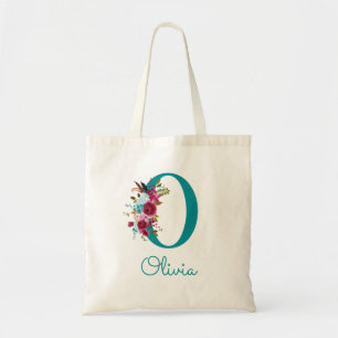 Floral Letter O Script Monogram Teal Pink Tote Bag