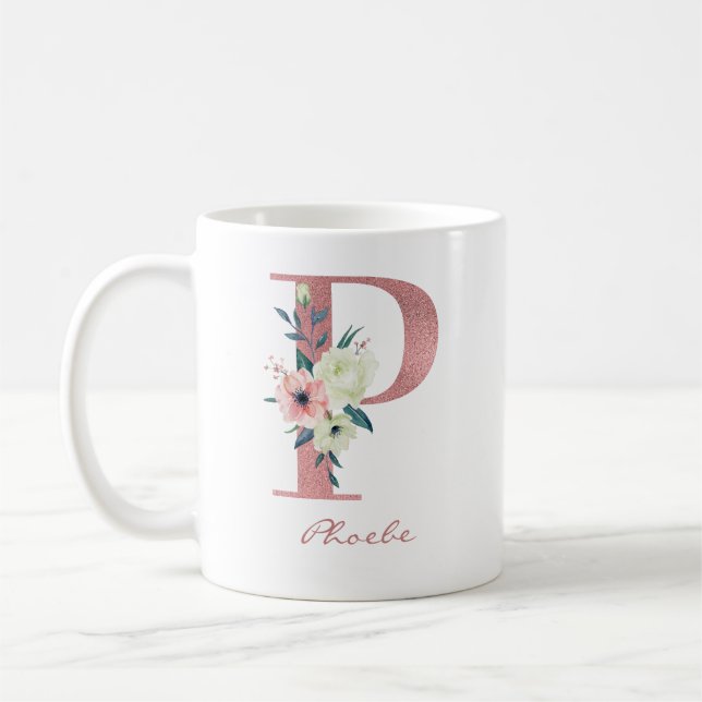 Floral Letter P Initial - Pink and Ivory Bouquet Coffee Mug (Left)