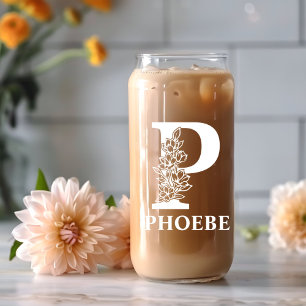 Floral Letter P Monogram Personalized Name White Can Glass