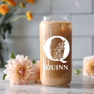 Floral Letter Q Monogram Personalized Name White Can Glass