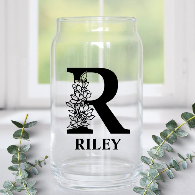 Floral Letter R Monogram and Personalized Name Can Glass (Creator Uploaded)