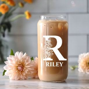 Floral Letter R Monogram Personalized Name White Can Glass