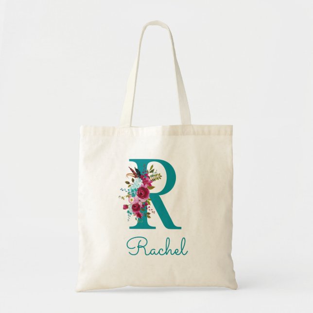Floral Letter R Script Monogram Teal Pink Tote Bag (Front)