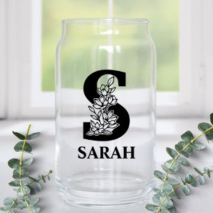 Floral Letter S Monogram and Personalized Name Can Glass