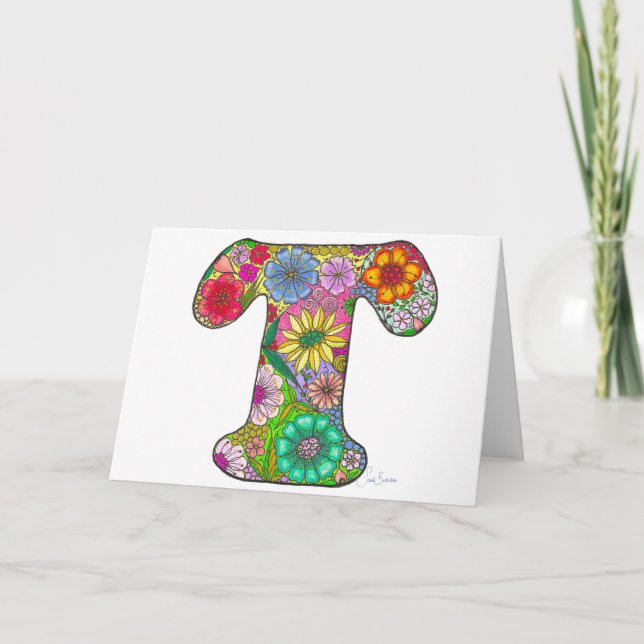 Floral Letter T Greeting Card - Blank Inside (Front)