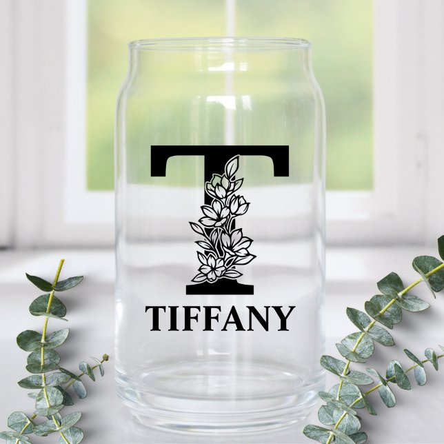 Floral Letter T Monogram and Personalized Name Can Glass (Creator Uploaded)