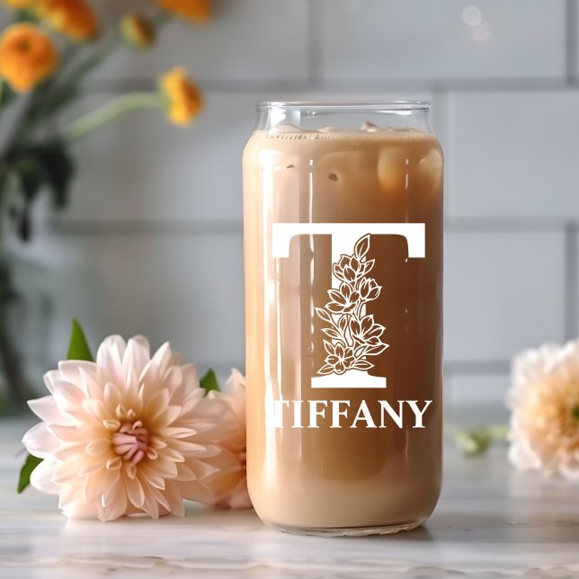 Floral Letter T Monogram Personalized Name White Can Glass (Creator Uploaded)