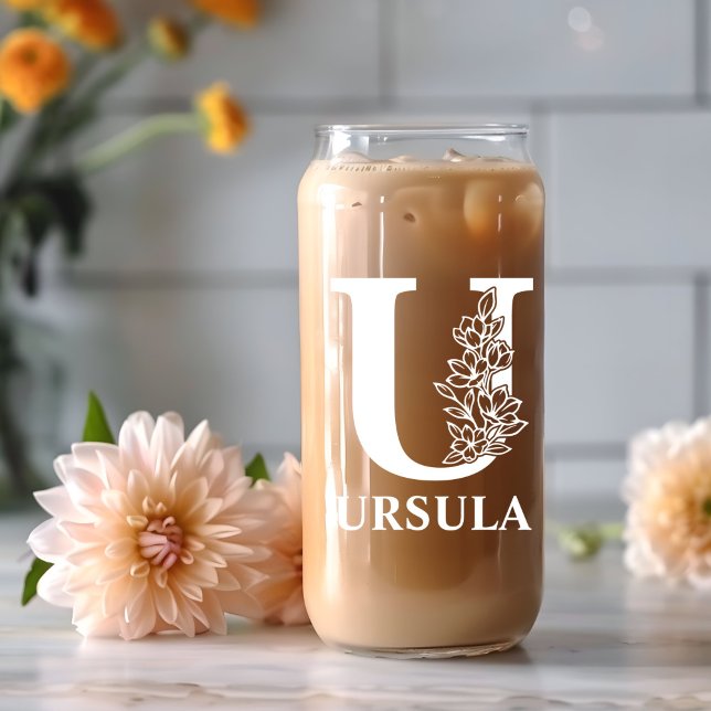 Floral Letter U Monogram Personalized Name White Can Glass (Creator Uploaded)