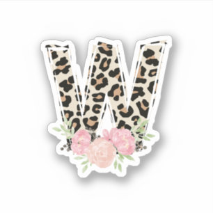 Floral Letter W Initial Name Leopard Cheetah Print