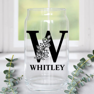 Floral Letter W Monogram and Personalized Name Can Glass