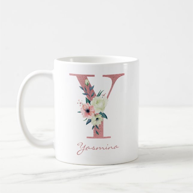 Floral Letter Y Initial - Pink and Ivory Bouquet Coffee Mug (Left)