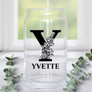 Floral Letter Y Monogram and Personalized Name Can Glass