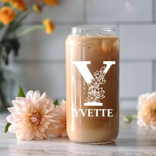 Floral Letter Y Monogram Personalized Name White Can Glass