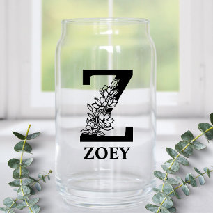 Floral Letter Z Monogram and Personalized Name Can Glass