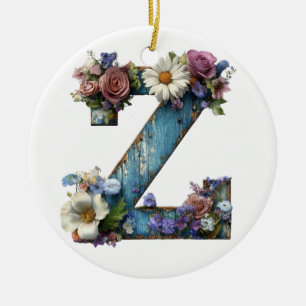 Floral Letter Z Rustic Cottage Garden Ceramic Ornament