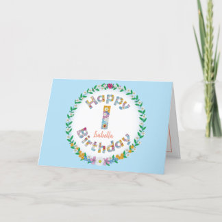 Floral letterI monogram Personalized Birthday Card
