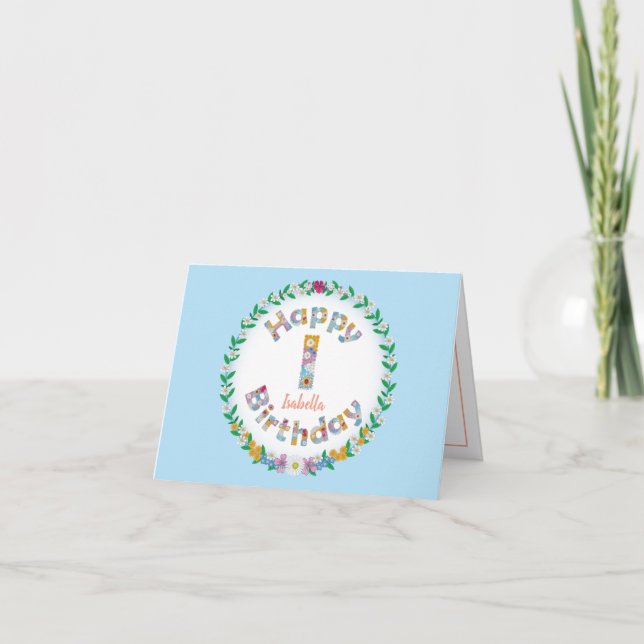 Floral letterI monogram Personalized Birthday Card (Front)