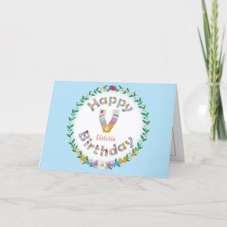 Floral letterV monogram Personalized Birthday Card