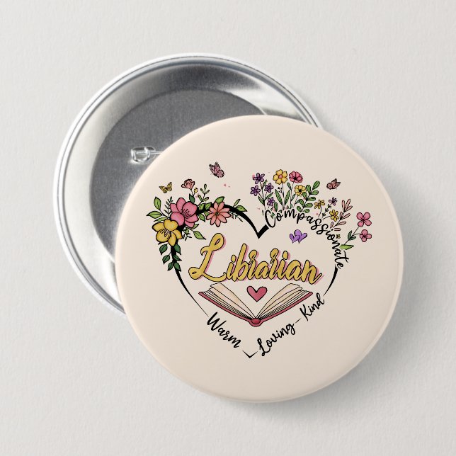 Floral Librarian Heart 3 Inch Round Button (Front & Back)