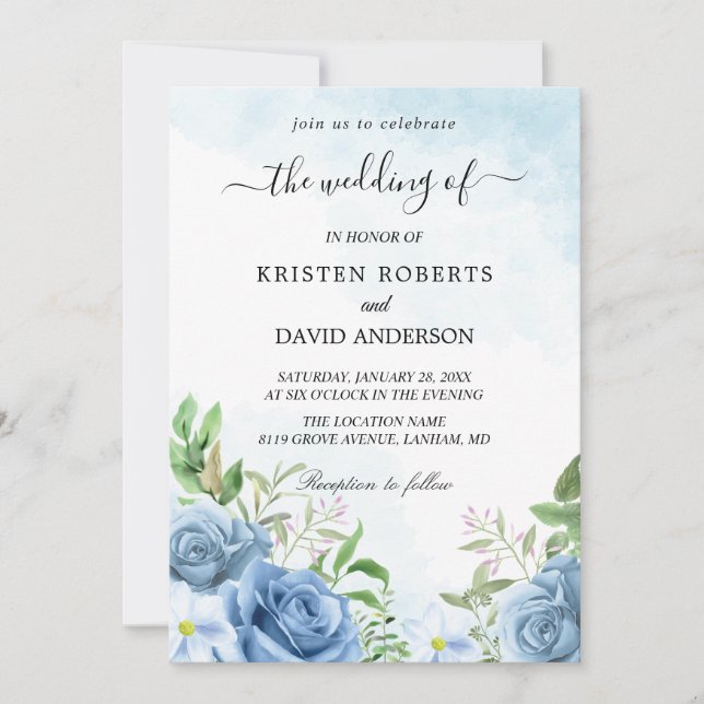 floral light blue wedding invitation (Front)