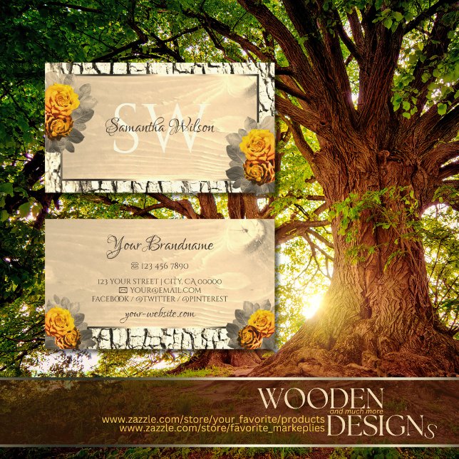 Floral Light Brown Wood Grain Tree Bark Initials Business Card (Creator Uploaded)