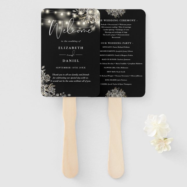 Floral Lights Black Gothic Wedding Program Hand Fan (Front and Back)