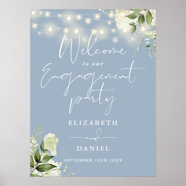 Floral Lights Dusty Blue Engagement Welcome Sign (Front)