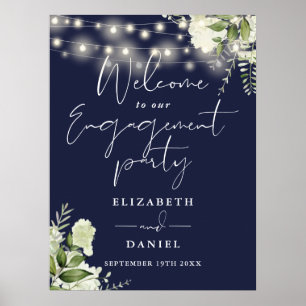 Floral Lights Navy Blue Engagement Welcome Sign