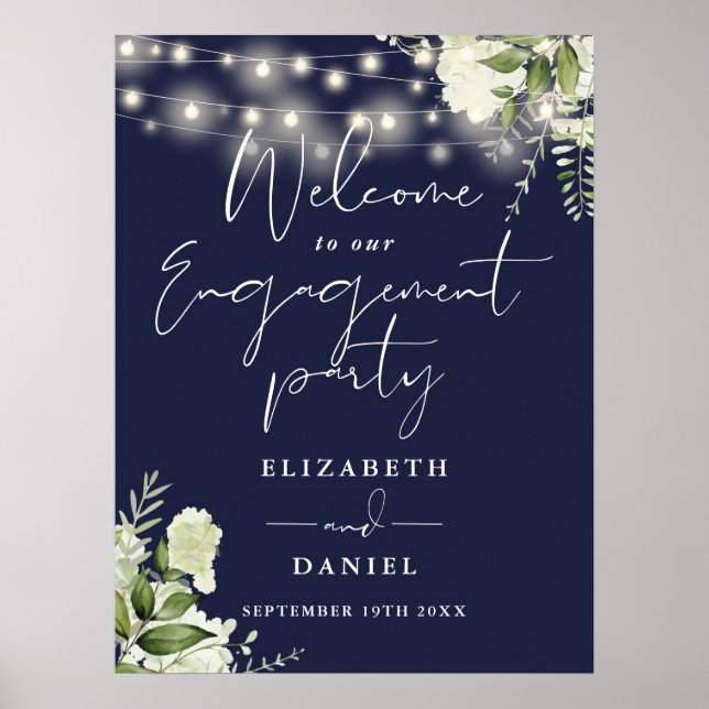 Floral Lights Navy Blue Engagement Welcome Sign (Front)
