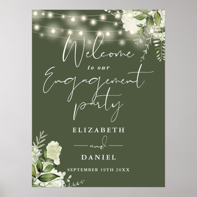 Floral Lights Olive Green Engagement Welcome Sign (Front)