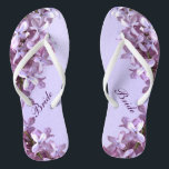 Floral Lilac Flowers Wedding Bridal Flip Flops<br><div class="desc">Lilacs are the theme of these elegant floral Bride wedding flip flops with pink and mauve lilac flowers on a purple background.  The text can be customized for your special occasion.</div>
