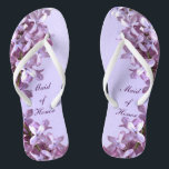 Floral Lilac Flowers Wedding Maid of Honour Flip Flops<br><div class="desc">Lilacs are the theme of these elegant floral Maid of Honour wedding flip flops with pink and mauve lilac flowers on a purple background.  The text can be customized for your special occasion.</div>